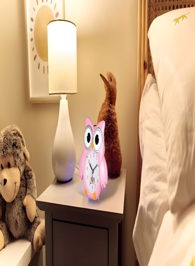 De'rons Twin Bell Analog Table Alarm Clock with Backlight for Heavy Sleepers Loud Alarm Clock for Students Funny Cute Owl Cartoon Shape Alarm Clock for Kids Girls Boys Bedroom 14.5 x 15 cm (Pink) - Image 2